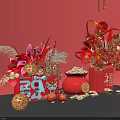 Commercial Festive Decorative Display Equipment With Red Ornaments Fu Symbols And Gold Ingots