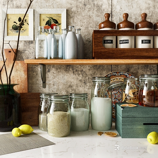 Decorative Kitchen Glass Jars Containers Storing Salt Pepper Ingredients With Lemons On Wooden Shelf 3d model 