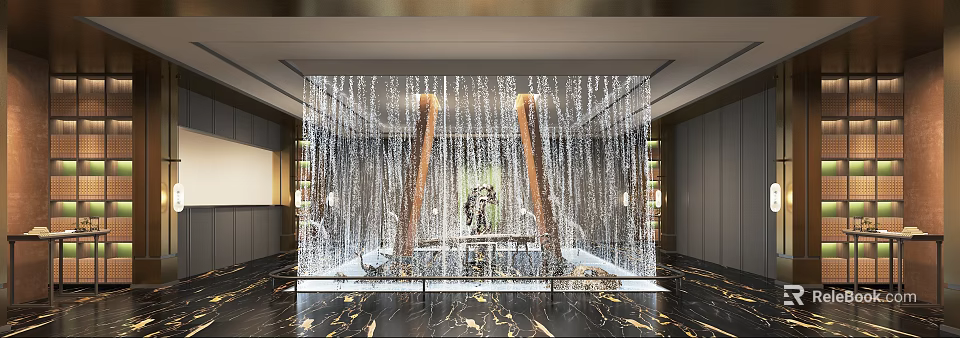 Hotel Lobby Interior Design Featuring Waterfall Wall Wooden Decorations Marble Flooring Bookshelves and Artistic Ornaments 3d model 
