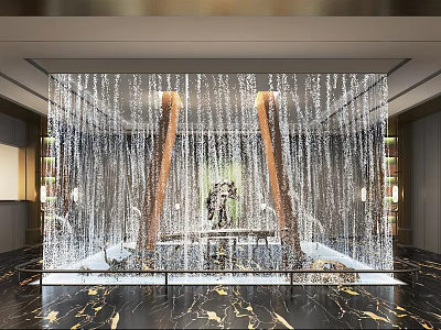 Hotel Lobby Interior Design Featuring Waterfall Wall Wooden Decorations Marble Flooring Bookshelves and Artistic Ornaments 3d model