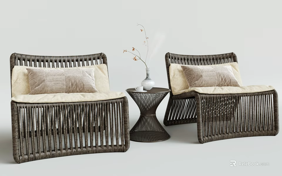 Rattan Table Chair Set with Beige Cushions Small Round Table and Vase with Dried Flowers 3d model 