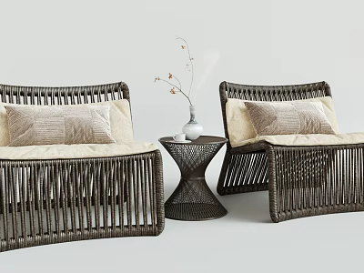 Rattan Table Chair Set with Beige Cushions Small Round Table and Vase with Dried Flowers 3d model