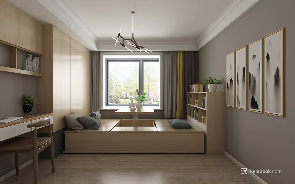 Tatami Bedroom Interior Design With Wooden Cabinets Window Potted Plants And Wall Art 3d model 