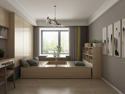Tatami Bedroom Interior Design With Wooden Cabinets Window Potted Plants And Wall Art 3d model
