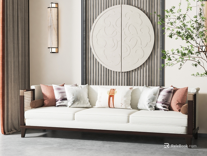 White Three-Seater Sofa with Colorful Pillows Oriental Circular Decor Vertical Stripes and Side Green Plant 3d model 