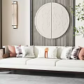 White Three-Seater Sofa with Colorful Pillows Oriental Circular Decor Vertical Stripes and Side Green Plant