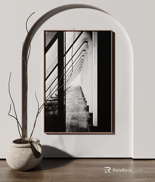Black And White Architectural Art In Minimalist Interior With Clay Pot 3d model 
