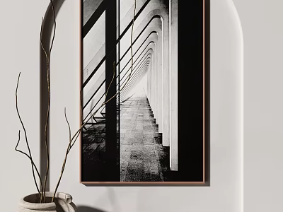 Black And White Architectural Art In Minimalist Interior With Clay Pot 3d model