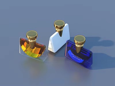 Elegant Perfume Cosmetics With Golden Caps And Colorful Transparent White Blue Bottles 3d model