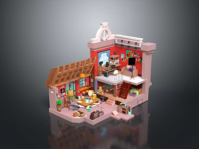 Miniature House Landscape with Red Walls Brown Roof Staircase and Detailed Interior 3d model