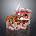 Miniature House Landscape with Red Walls Brown Roof Staircase and Detailed Interior
