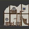 Two Story Cottage Interior Design With Wooden Staircase Bed Table And Stone Floor