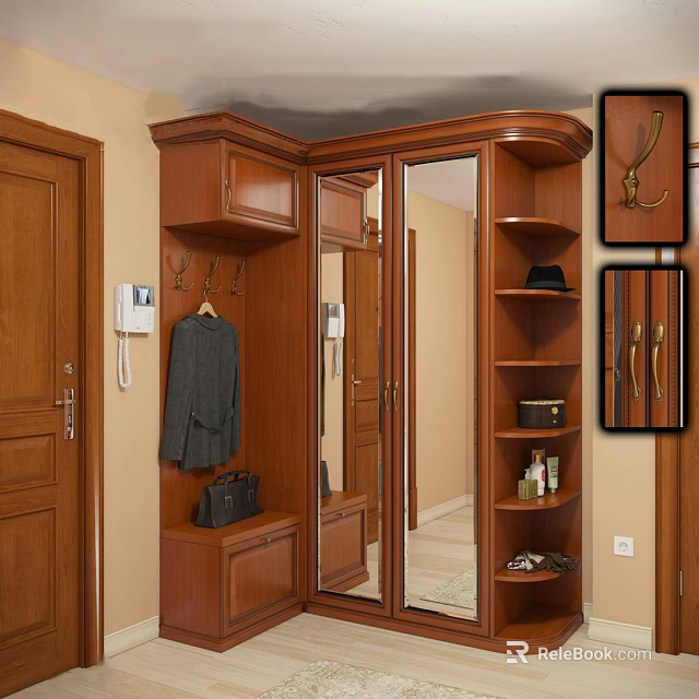 Wooden Shoe Cabinet With Coat Rack Mirror And Storage Shelves In Entryway 3d model 