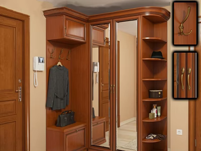 Wooden Shoe Cabinet With Coat Rack Mirror And Storage Shelves In Entryway 3d model