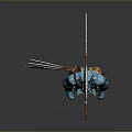 Mythical Blue Horned Creature 3D Model With Spear Brown Pants And Arm Wraps