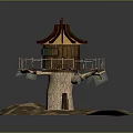 Cartoon Scene of Wooden Treehouse with Platform Sloped Roof and Tree Trunk