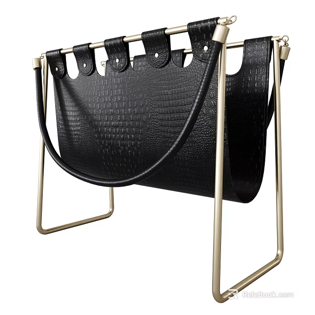 Black Leather Storage Basket With Crocodile Pattern And Metal Frame Design 3d model 