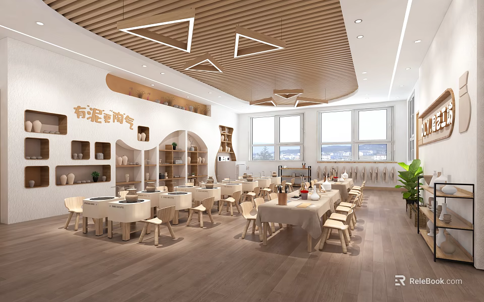 Bright Modern Kindergarten Interior With Wooden Ceiling Geometric Pendant Lights Tables Chairs And Large Windows 3d model 
