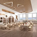 Bright Modern Kindergarten Interior With Wooden Ceiling Geometric Pendant Lights Tables Chairs And Large Windows