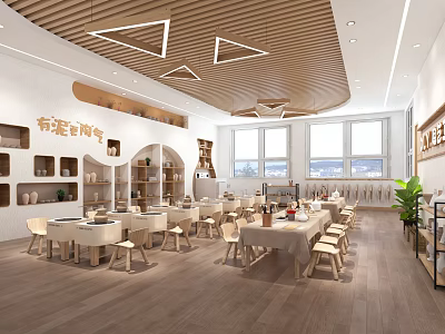 Bright Modern Kindergarten Interior With Wooden Ceiling Geometric Pendant Lights Tables Chairs And Large Windows 3d model