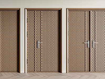 Modern Brown Wooden Swing Doors With Perforated Grid Design And Metal Handles 3d model