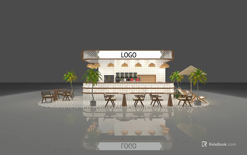Modern Milk Tea Shop With Logo Counter Outdoor Seating Palm Trees And Patterned Tile Floor 3d model 
