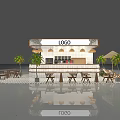 Modern Milk Tea Shop With Logo Counter Outdoor Seating Palm Trees And Patterned Tile Floor