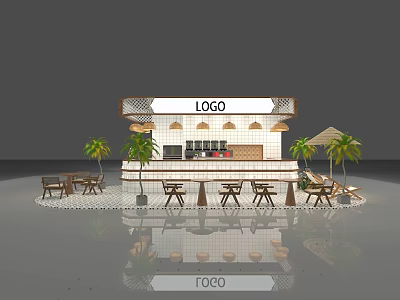 Modern Milk Tea Shop With Logo Counter Outdoor Seating Palm Trees And Patterned Tile Floor 3d model