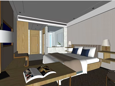 Modern Hotel Guest Room With Comfortable Bed Nightstand Table Lamps Sofa And Magazine 3d model
