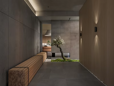 Minimalist Elevator Corridor With Wooden Bench And Greenery 3d model