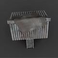 Simple Rustic Wooden Hut With Worn Corrugated Iron Roof And Wooden Staircase