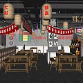 Traditional Hotpot Restaurant with Red Lanterns Wooden Tables Chairs and Chinese Style Decor