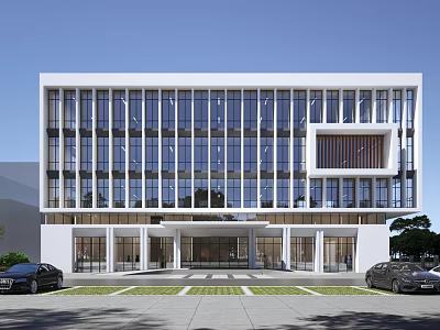 Modern Office Building Exterior With Glass Facade White Structure Front Entrance And Parked Cars 3d model