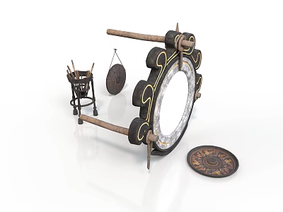 Traditional Musical Instruments Setup With Decorative Drum Frame Gong Stand And Components 3d model