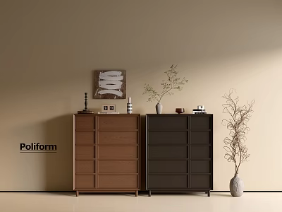 Poliform Entryway Cabinet And Side Cabinet In Brown Dark Gray With Decorative Vase And Branches 3d model
