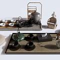 Elegant Tea Set Collection Featuring Teapot Cups Serving Trays And Decorative Items 3d model