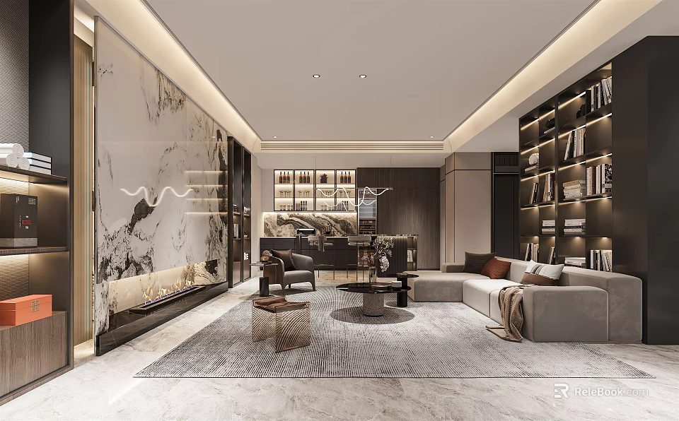 Modern Basement Interior Design With Sofa Bookshelves Fireplace And Carpet 3d model 