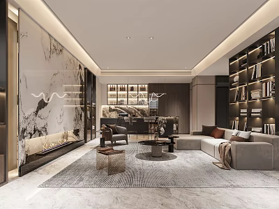 Modern Basement Interior Design With Sofa Bookshelves Fireplace And Carpet 3d model
