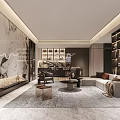 Modern Basement Interior Design With Sofa Bookshelves Fireplace And Carpet 3d model