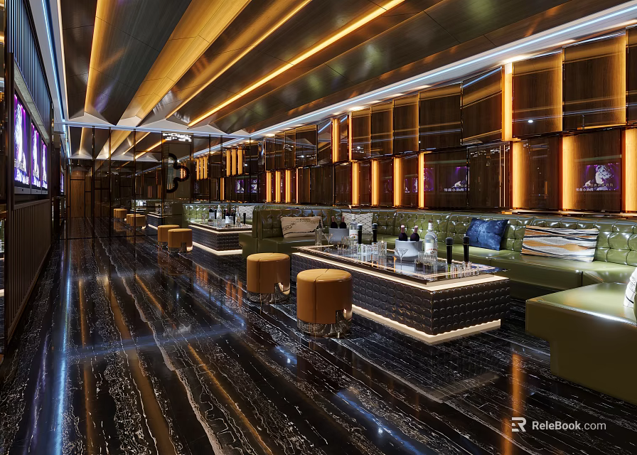 Luxurious KTV Interior Design With Modern Sofas Ambient Lighting And Decorative Tables 3d model