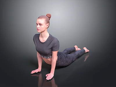 Woman Practicing Yoga Pose In Gray Athletic Outfit On Smooth Dark Floor 3d model