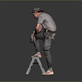 Man Wearing Goggles Using Power Drill On Step Ladder With Tool Belt 3d model