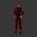Security Guard Character in Black Uniform Standing with Cap Holding Baton Against Grey Background 3d model