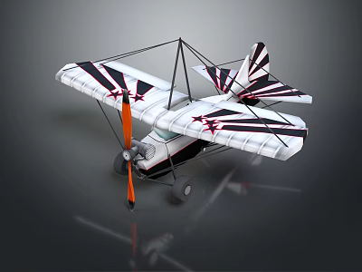 Vintage Biplane Passenger Plane Featuring Black White Stripes Red Stars And Propeller 3d model