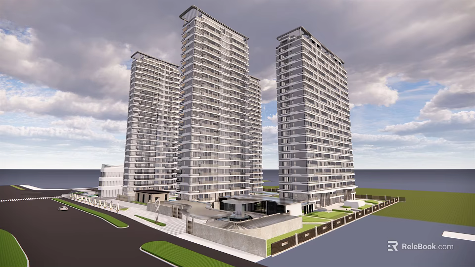 Modern High Rise Residential Towers With Waterfront View Green Spaces And Parking Area 3d model 
