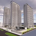 Modern High Rise Residential Towers With Waterfront View Green Spaces And Parking Area