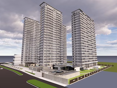 Modern High Rise Residential Towers With Waterfront View Green Spaces And Parking Area 3d model