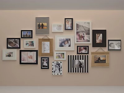 Diverse Framed Photo Wall with Various Pictures Hanging on Beige Wall 3d model