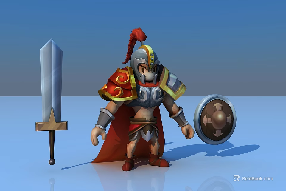 Animated Medieval Warrior Game Character With Red Cape Armor Helmet Sword And Shield 3d model 
