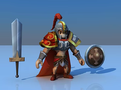 Animated Medieval Warrior Game Character With Red Cape Armor Helmet Sword And Shield 3d model